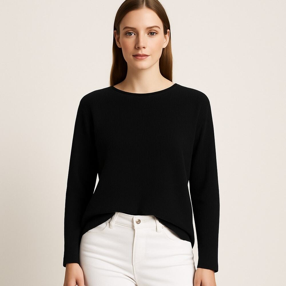 RDI Women’s M Black Waffle Knit Thermal Crewneck Long Sleeve Top NWOT